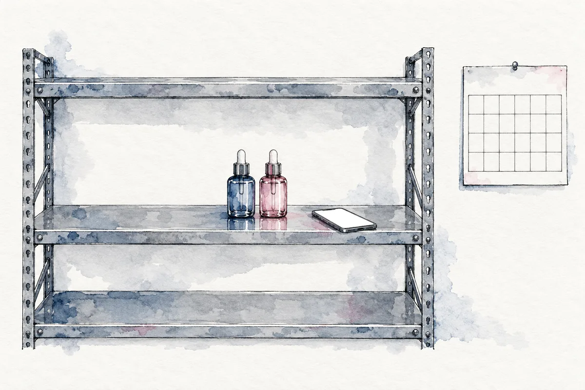 A hand-drawn metal stockroom shelf, bare apart from two small serum bottles and a phone with a lit, blank screen on the middle shelf, and a blank wall calendar beside it.