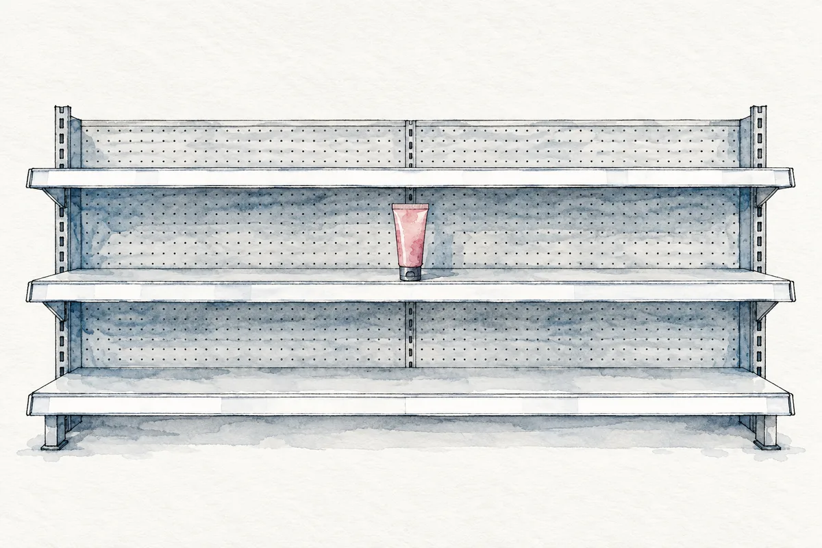 A hand-drawn shop shelf unit seen from the front, three long bare shelves with blank price strips along their edges, and a single hand-cream tube standing in the middle.