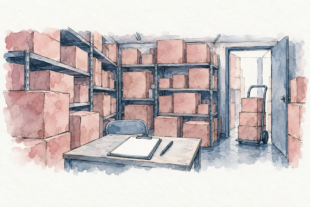 A hand-drawn stockroom packed to the ceiling with cartons on metal shelving, a blank purchase order on a clipboard on the desk in front, and a hand truck bringing three more cartons through the open door.