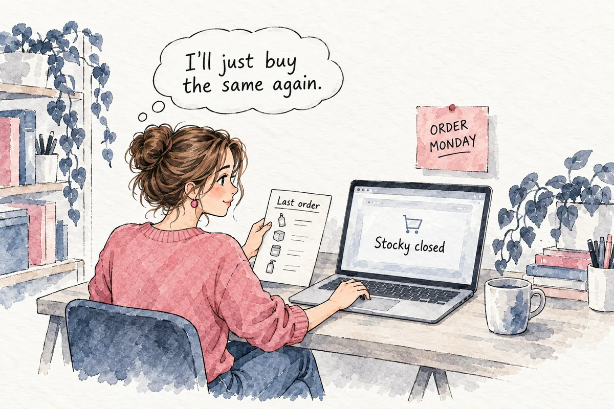 A hand-drawn beauty-brand founder at her desk, laptop showing a flat sales line, her phone lit beside it, and through the doorway a stack of cartons with a crate stencilled BOOTS that the laptop faces away from.