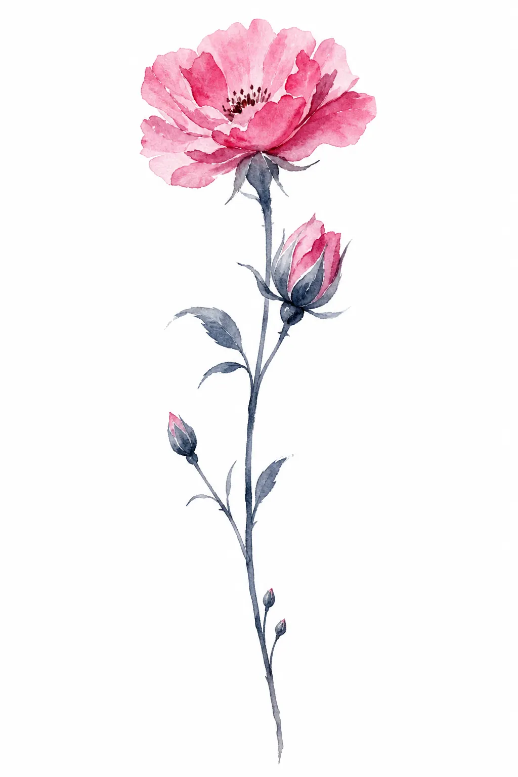 Watercolor botanical study: a single stem climbing from tiny closed buds at the bottom, through a small bud and a half-open bud, to one full rose bloom at the top