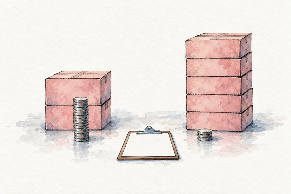 Two hand-drawn stacks of cartons on a shop floor: a short stack of two with a tall column of coins in front of it, a tall stack of five with a small pile of coins, and a blank promotion form on a clipboard between them.